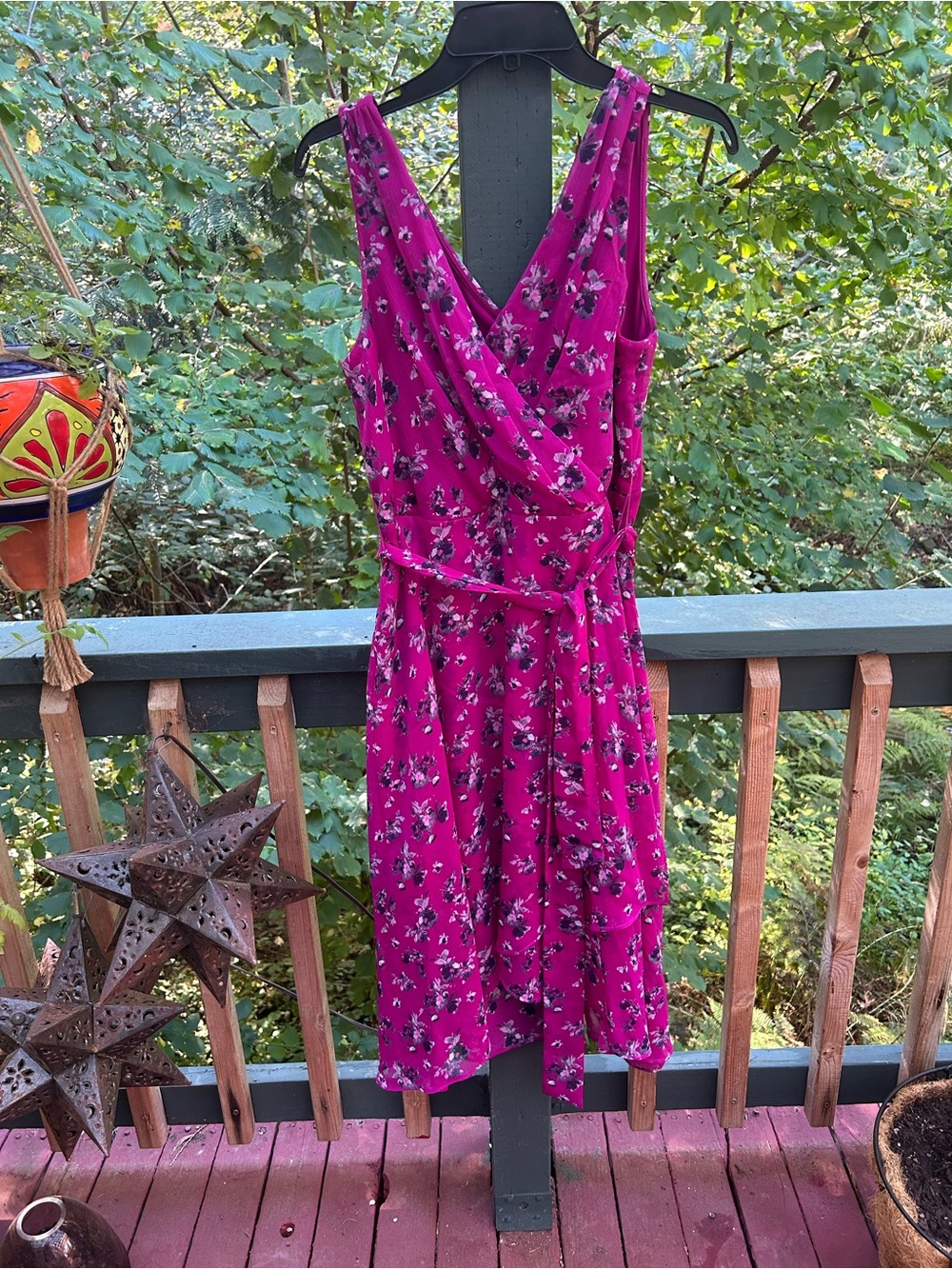 DKNY Floral Wrap Midi Dress in Fuchsia